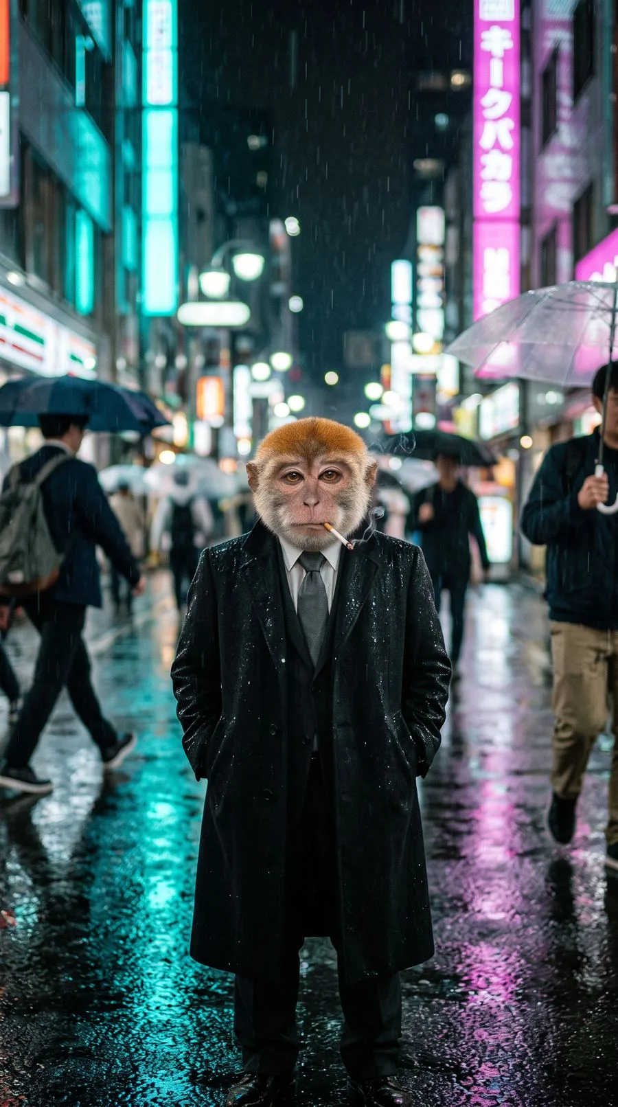 MONK smoking in the neon rain