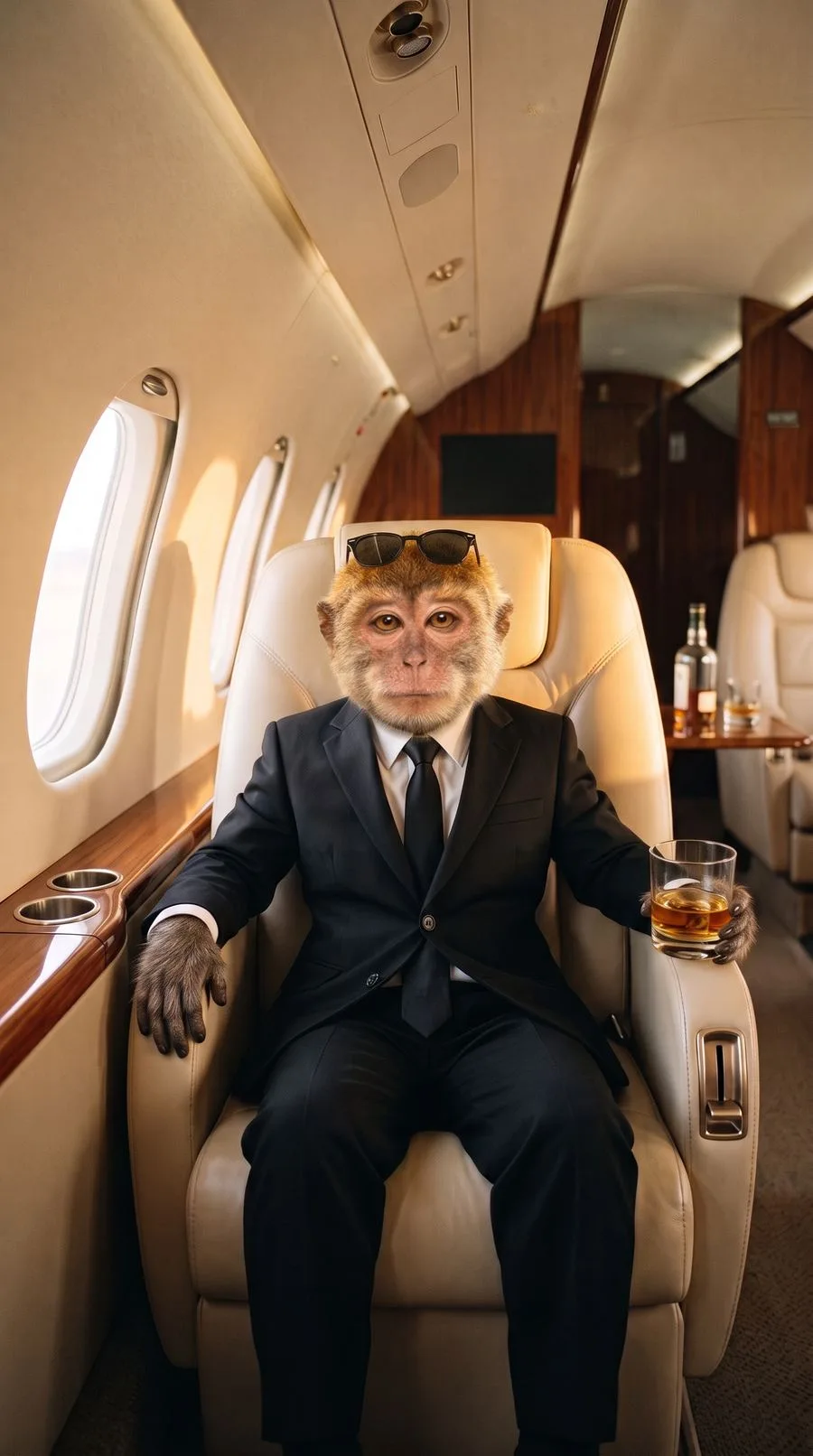 MONK on a private jet with a whisky